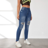 Women Spring Ripped Leopard Patches Washed Denim Pants