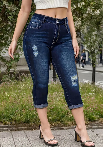 Plus Size Women Summer Ripped Stretch Denim Cropped Pants