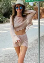 Women Knitting Beach Holidays Top and Shorts Two-piece Set