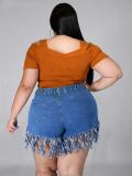 Summer Plus Size Women Tassel Denim Shorts
