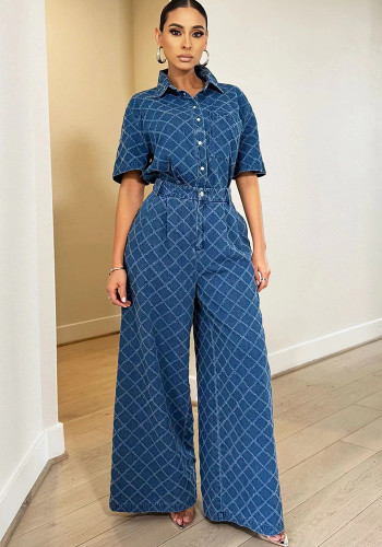 Women Casual Plaid Washed Denim Top and Bell Bottom Pants Two-piece Set