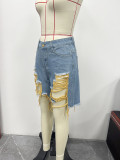 Summer Women's Denim Shorts Ripped Loose High Waist Knee-Length Shorts