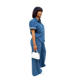 Women Casual Plaid Washed Denim Top and Bell Bottom Pants Two-piece Set