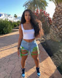 Summer Women's Denim Shorts Ripped Loose High Waist Knee-Length Shorts