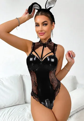 Women PU-Leather LaceTeddy Sexy lingerie