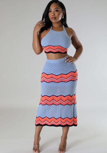 Women Knitting stretch Crop Top and Skirt two-piece set