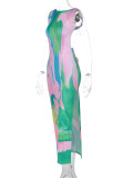 Beach Holidays Style Tie Dye Multi-Color Sexy Low Back Sleeveless Side Slit Long Dress