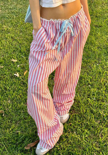 Women Summer Multi-Color Striped Lace Up Loose Wide Leg Pants