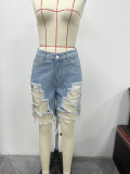 Summer Women's Denim Shorts Ripped Loose High Waist Knee-Length Shorts