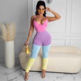 Spring Summer Women's Multicolor Patchwork Strap Sexy Jumpsuit