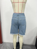 Summer Women's Denim Shorts Ripped Loose High Waist Knee-Length Shorts