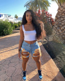 Summer Women's Denim Shorts Ripped Loose High Waist Knee-Length Shorts