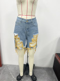 Summer Women's Denim Shorts Ripped Loose High Waist Knee-Length Shorts