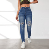 Women Spring Ripped Leopard Patches Washed Denim Pants
