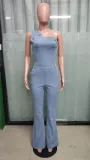 Slash Shoulder Slim Fit Stretch Washed Bell Bottom Denim Jumpsuit