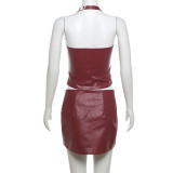 Summer Women's Clothing Off Shoulder Halter Neck PU Leather Vest Low Waist Bodycon Skirt Set
