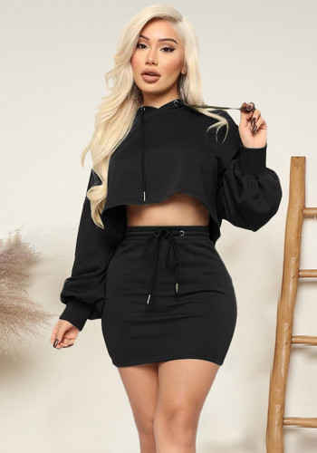 Women's Sexy Hooded Solid Color Sport Two Piece Skirt Set