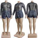 Plus Size Women's Printed Mesh Bodysuit Skirt Two-Piece Set