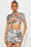 Women's Print Fashion Casual Short Sleeve Two Piece Skirt Set
