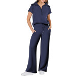 Women Casual Solid Zipper Shirt And Wide Leg Pants Two Piece Set