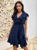 Women's Summer Ruffled V-Neck Solid Color Casual Dress