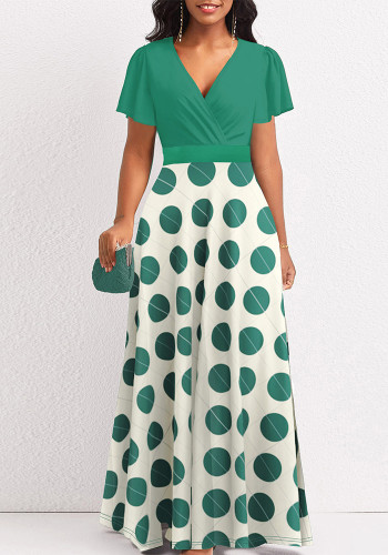 Plus Size Women's Spring Summer Fashion V-Neck Three-Quarter Sleeve Green Polka Dot Print Long Maxi Dress
