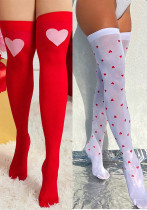 Women's Over-The-Knee Heart Print Fishnet Stockings Red Christmas Socks