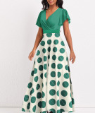 Plus Size Women's Spring Summer Fashion V-Neck Three-Quarter Sleeve Green Polka Dot Print Long Maxi Dress