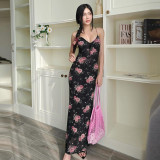 Women's Summer Sexy V-Neck Flower Print Mesh Strap Long Dress
