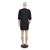 Women Round Neck Half-Sleeve Loose Sequin Print Dress