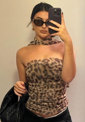 Summer Leopard Print Strapless Slim Fit Camisole Top