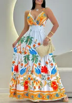 Women White Holidays Printed Suspender Long Skirt