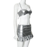 Women Summer Halter Neck Top Tassel Skirt Bikini Swimsuit Two-piece Set
