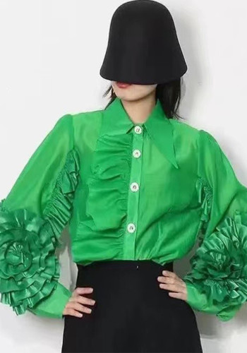 Women Fashion Turndown Collar Ruffled Loose Shirt
