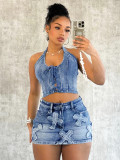 Women Summer Halter Neck Lace-Up Denim Top and Skirt Two-piece Set