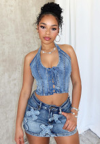 Women Summer Halter Neck Lace-Up Denim Top and Skirt Two-piece Set