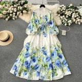 Women Printed French Puff Sleeve Dress