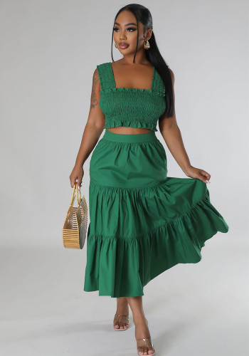 Women Chest Wrap Top and Pocket Skirt Two-piece Set