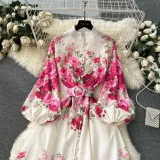 Women Printed French Puff Sleeve Dress