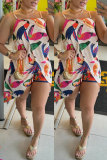Women Sexy Printed Suspender Slit Dress and Shorts Two-piece Set