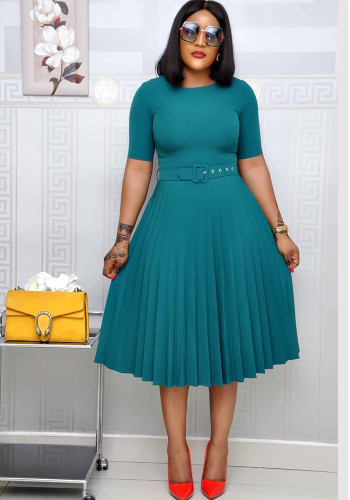 Africa Plus Size Women's Solid Round Neck Short Sleeve Pleated Dress