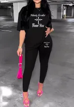 Women's Letter Prints Round Neck Casual T-Shirt Shorts Two Pieces Set
