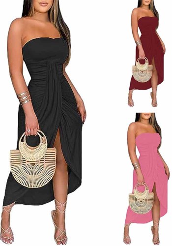 Women's Strapless Ruffled High Waisted Wrap Slit Beach Trendy Maxi Dress