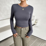 Women's Spring Summer Round Neck Solid Color Slim Long Sleeve Top
