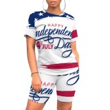 American Flag Print Fashion Casual Women's Short Sleeve T-Shirt Shorts Two Piece Set