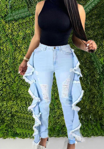 Women's Denim Pants Streetwear Casual Frayed Side Ruffles Tight Fitting Stretch Jeans