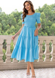 Summer Women's Clothing Square Neck Low Back Short Sleeve Puff Sleeve Pleated Dress