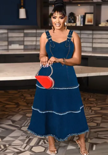 Plus Size Women's Strap A-Line Denim Long Dress