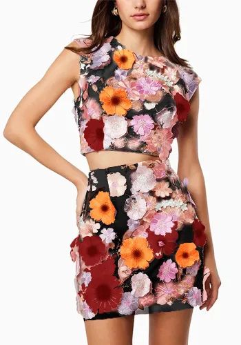 Spring Women's Embroidered Sleeveless Crop Top Bodycon Skirt Two-Piece Set