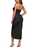 Women's Strapless Ruffled High Waisted Wrap Slit Beach Trendy Maxi Dress